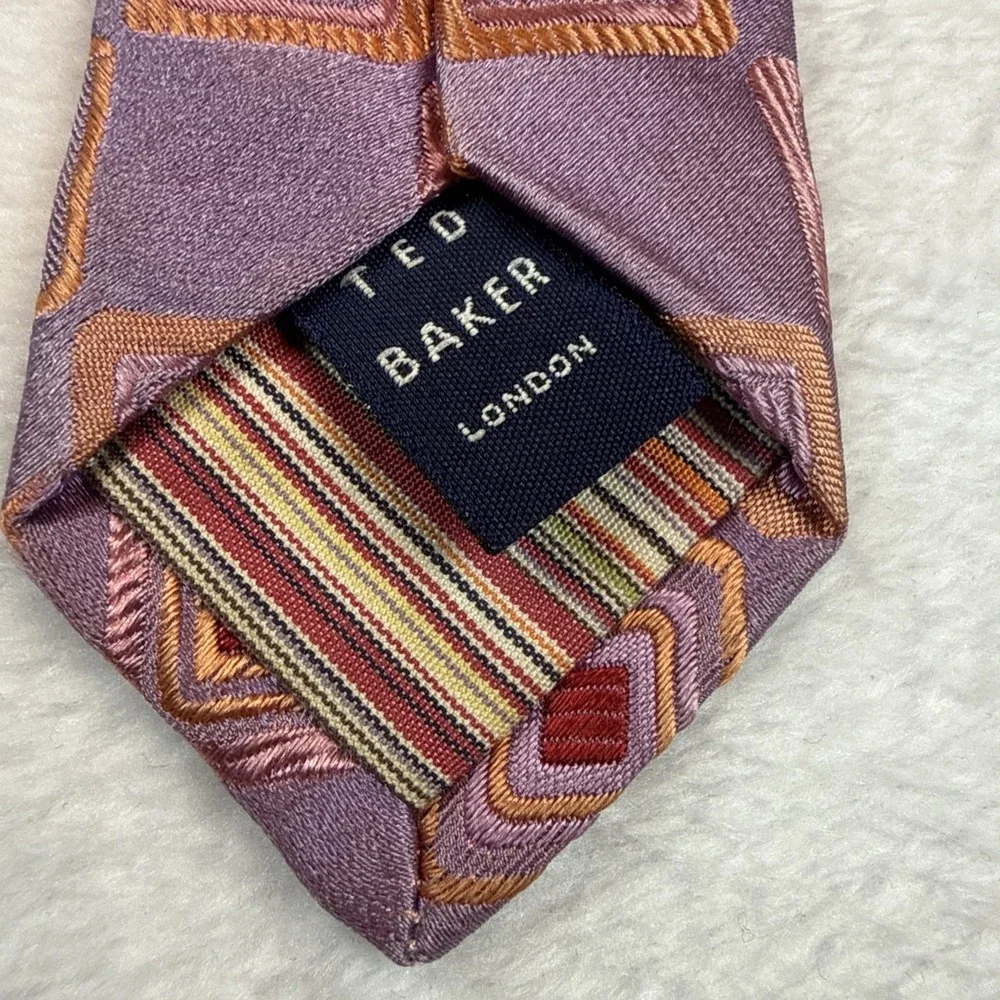 Ted Baker London Mens Silk Tie Purple Geometric Square Pattern Made in USA